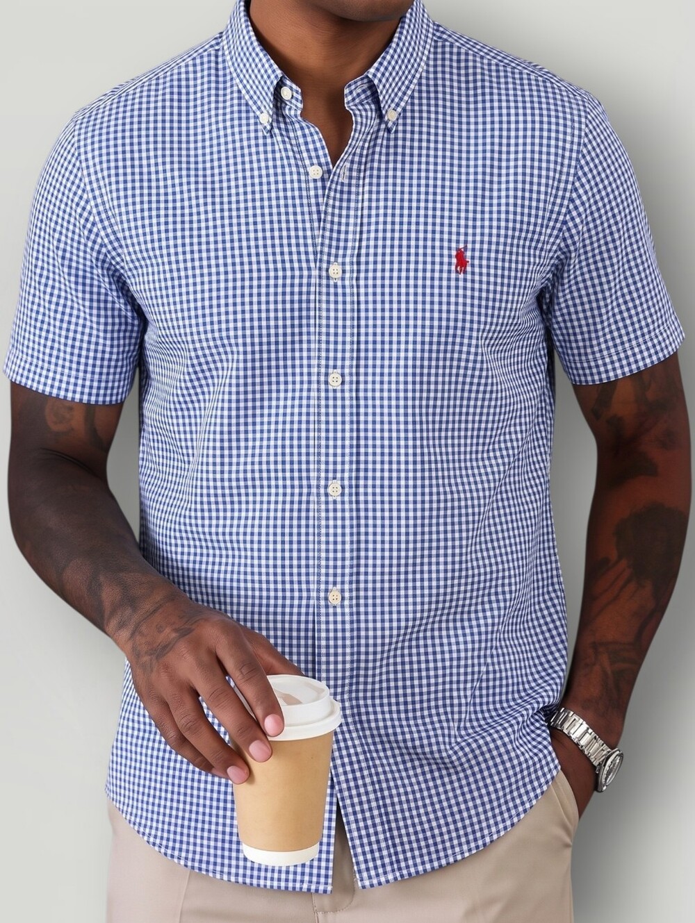 Polo Ralph Lauren Men's Seersucker Shirt Large Blue Gingham Short Sleeve